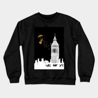 Mary Poppins and Big Ben Linocut Print in white, black and gold Crewneck Sweatshirt